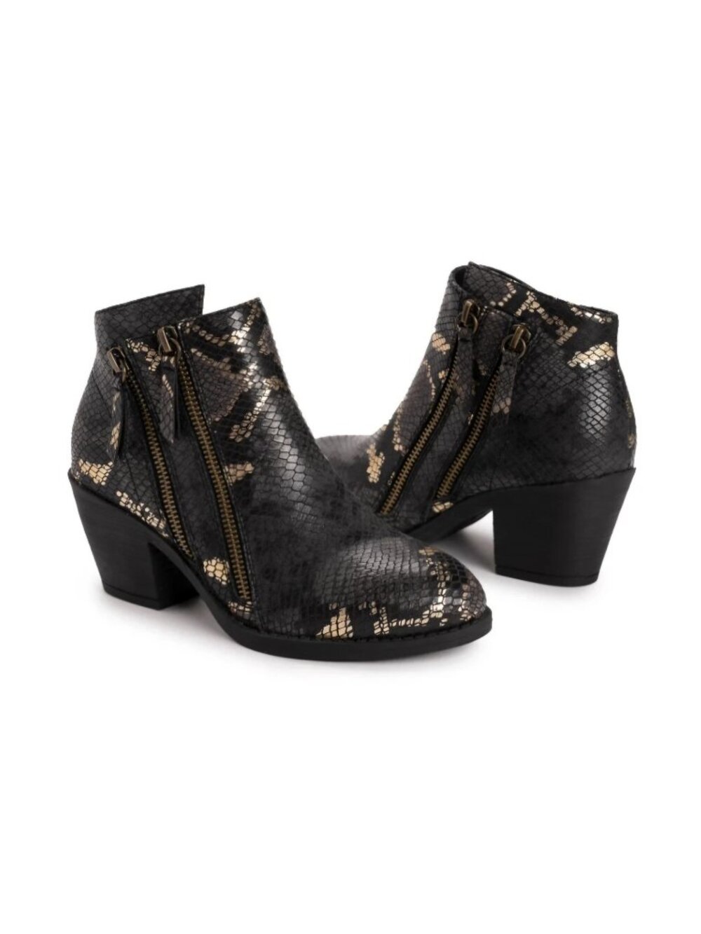 MUK LUKS Yellowstone Yardley 10W Black Snake Ankle Boots Block Heel